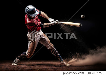 Powerful Swing: A Baseball Player Showcasing Precision and Strength on a Dark Canvas, created with Generative AI Powerful Swing: A Baseball Player Showcasing Precision and Strength on a Dark Canvas, created with Generative AI 103082753