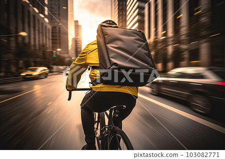 Urban Express: Delivery Rider Cycling Through the City with Backpack, created with Generative AI 103082771