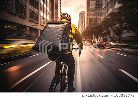 Urban Express: Delivery Rider Cycling Through the City with Backpack, created with Generative AI Urban Express: Delivery Rider Cycling Through the City with Backpack, created with Generative AI 103082772