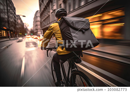 Urban Express: Delivery Rider Cycling Through the City with Backpack, created with Generative AI 103082773
