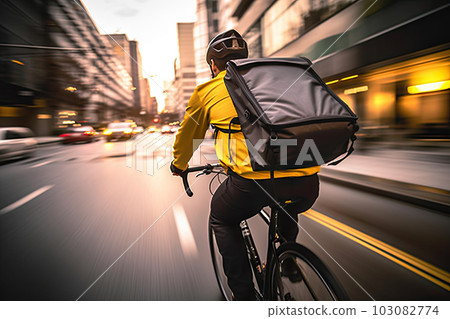 Urban Express: Delivery Rider Cycling Through the City with Backpack, created with Generative AI Urban Express: Delivery Rider Cycling Through the City with Backpack, created with Generative AI 103082774