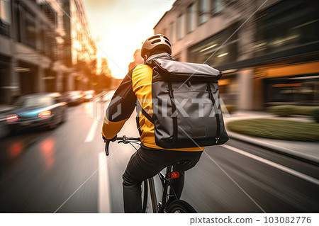 Urban Express: Delivery Rider Cycling Through the City with Backpack, created with Generative AI 103082776