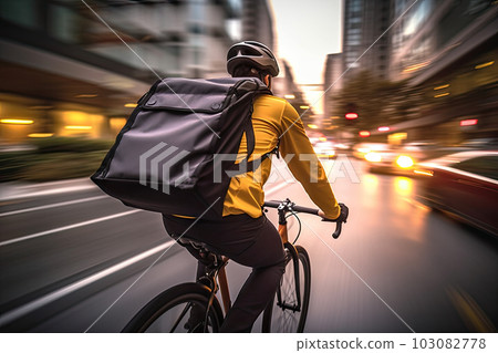 Urban Express: Delivery Rider Cycling Through the City with Backpack, created with Generative AI Urban Express: Delivery Rider Cycling Through the City with Backpack, created with Generative AI 103082778
