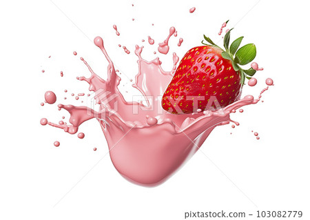 Milk or Yogurt Splash with Fresh Strawberries on Solid White Background, created with Generative AI Milk or Yogurt Splash with Fresh Strawberries on Solid White Background, created with Generative AI 103082779