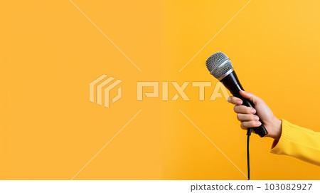 Hand Holding Microphone over Vibrant Yellow Background. created with Generative AI Hand Holding Microphone over Vibrant Yellow Background. created with Generative AI 103082927