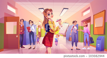 Girl in school hallway corridor cartoon interior 103082944
