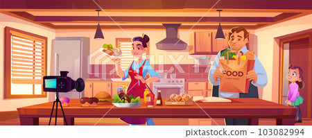 Woman food blogger on kitchen interior vector 103082994