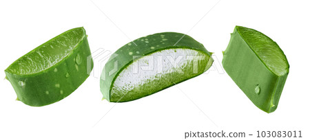 Fresh Aloe vera slice with aloe vera gel drops isolated on white background. Aloe vera leaf slice for design of herbal medicine or skin care treatment. 103083011
