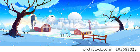 Winter snow field landscape with barn house scene Winter snow field landscape with barn house scene 103083022