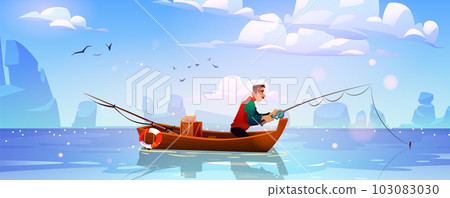 Cartoon man in boat fishing Cartoon man in boat fishing 103083030