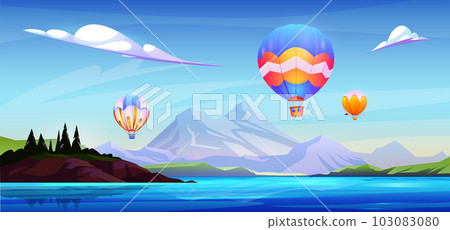 Hot air balloon in sky above the sea water cartoon 103083080