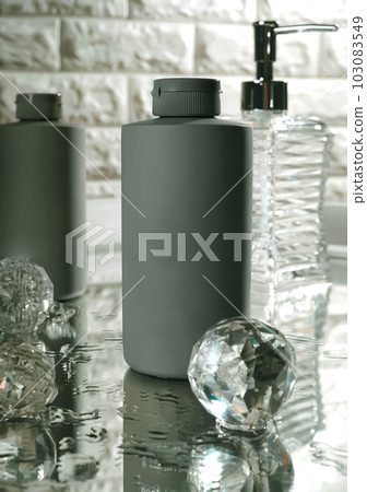 Unbranded blank cosmetics, soap, skincare, cream and shampoo packaging on a fresh background. Skincare female and male skincare products packaging on photo studio Unbranded blank cosmetics, soap, skincare, cream and shampoo packaging on a fresh background. Skincare female and male skincare products packaging on photo studio 103083549