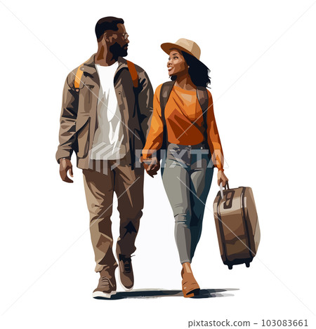 African American couple walking with shopping bags and a suitcase on a white background. For your design. 103083661