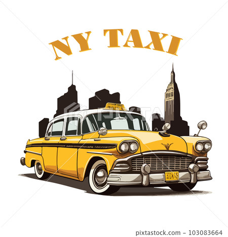 Yellow New York retro taxi on the background of skyscrapers with text. For your sticker design. 103083664