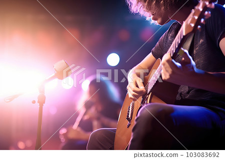 Melodic Echoes: Guitarist Enchants the Stage with Soft and Blur Background. created with Generative AI 103083692