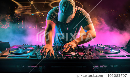 Charismatic disc jockey at the turntable. DJ plays on the best, famous CD players at nightclub during party. EDM, party concept. created with Generative AI Charismatic disc jockey at the turntable. DJ plays on the best, famous CD players at nightclub during party. EDM, party concept. created with Generative AI 103083707