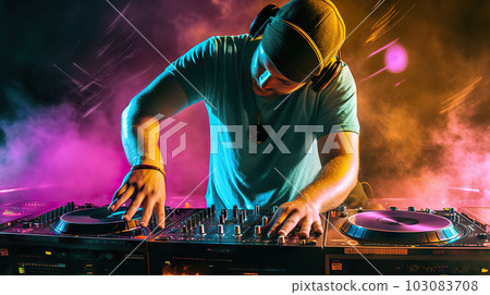 Charismatic disc jockey at the turntable. DJ plays on the best, famous CD players at nightclub during party. EDM, party concept. created with Generative AI Charismatic disc jockey at the turntable. DJ plays on the best, famous CD players at nightclub during party. EDM, party concept. created with Generative AI 103083708