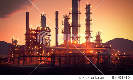 Twilight Glow Oil Refinery Plant Illuminating the Desert, Powering the Crude Oil Industry. created with Generative AI Twilight Glow Oil Refinery Plant Illuminating the Desert, Powering the Crude Oil Industry. created with Generative AI 103083710