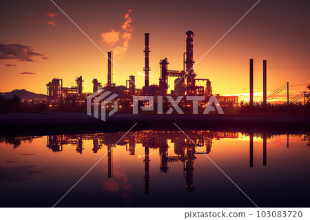 Twilight Glow Oil Refinery Plant Illuminating the Desert, Powering the Crude Oil Industry. created with Generative AI Twilight Glow Oil Refinery Plant Illuminating the Desert, Powering the Crude Oil Industry. created with Generative AI 103083720