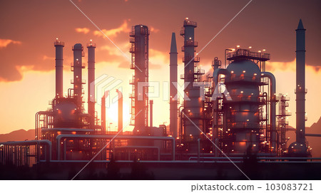 Twilight Glow Oil Refinery Plant Illuminating the Desert, Powering the Crude Oil Industry. created with Generative AI 103083721