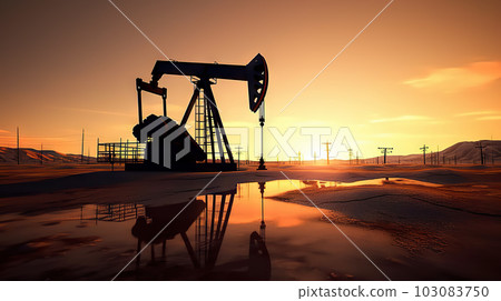 Silhouette of Crude Oil Pumpjack Rig on Desert, Industrial Machine for Petroleum Gas Production. created with Generative AI 103083750