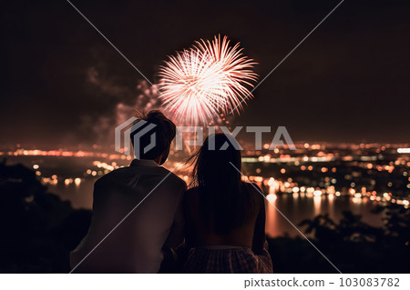 Magical Moments: Young Couple Enjoying Spectacular Fireworks Display Together. created with Generative AI 103083782