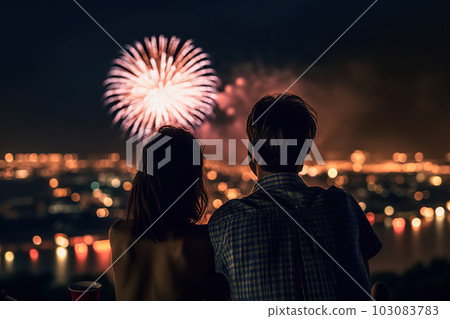 Magical Moments: Young Couple Enjoying Spectacular Fireworks Display Together. created with Generative AI 103083783