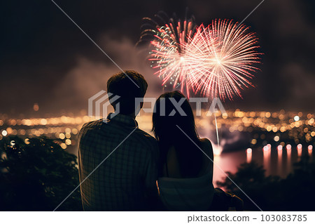 Magical Moments: Young Couple Enjoying Spectacular Fireworks Display Together. created with Generative AI 103083785