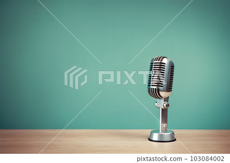 Vintage Retro Style Microphone on Table in Front of Aquamarine Wall. Generative AI 103084002
