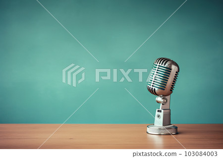 Vintage Retro Style Microphone on Table in Front of Aquamarine Wall. Generative AI 103084003