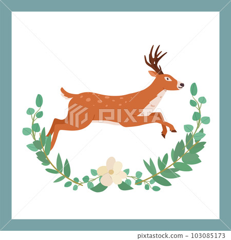 Running forest reindeer with vignette of green leaves, flat vector isolated. 103085173