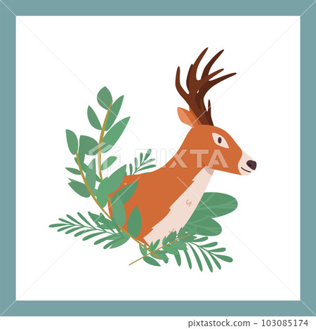 Forest reindeer head in frame of green leaves, flat vector illustration isolated. 103085174