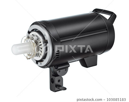 Powerful modern studio flash with open pilot and pulsed light lamps, without light-forming nozzles, isolated on a white background. Powerful modern studio flash with open pilot and pulsed light lamps, without light-forming nozzles, isolated on a white background. 103085183
