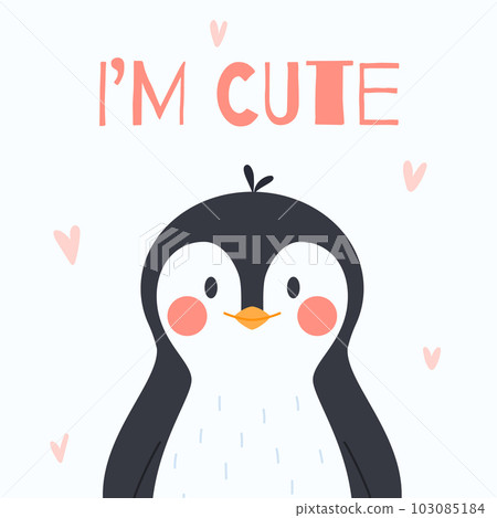 Card or postcard with cute little penguin character, flat vector illustration. Card or postcard with cute little penguin character, flat vector illustration. 103085184