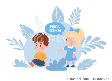 Boy with autism symptoms has problems with communication, flat vector illustration isolated on white. 103085235