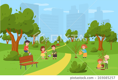 Smiling kids planting trees at park flat style, vector illustration 103085257