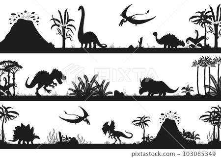 Set of black silhouette scenes with different dinosaurs flat style 103085349