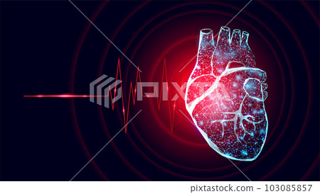 Human heart wireframe. World heart day concept. Banner template glowing low poly. Futuristic modern abstract. Isolated on dark background. Vector illustration. 103085857