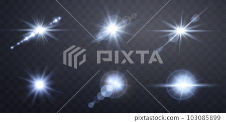 Blue lens flares set. Isolated on transparent background. Sun flash with rays or gold spotlight and bokeh. 103085899
