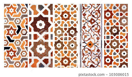 Set of vertical or horizontal banners with mosaic of amber, cornelian, jasper, lapis lazuli, onyx, topaz and marble. Ancient decorative ornament wall of Itimad-ud-Daula mausoleum, Agra, India Set of vertical or horizontal banners with mosaic of amber, cornelian, jasper, lapis lazuli, onyx, topaz and marble. Ancient decorative ornament wall of Itimad-ud-Daula mausoleum, Agra, India 103086015