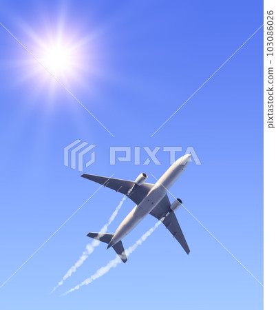 Vertical nature background with aircraft and Jet trailing smoke in the sky. Airplane and condensation trail. Foggy trail jet and plane in blue sky with sun 103086026