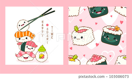 Set of seamless pattern and one print with cute sushi and roll in kawaii style. Endless texture can be used for textile pattern fills, t-shirt design 103086073