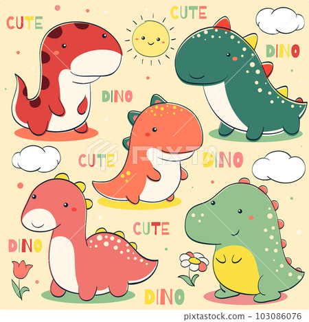 Kids collection of doodle elements - cute dino, cloud, sun, leaf, flower. Set of sketches in hand drawn style. Collection of smiling cartoon dinosaurios. Vector EPS8 103086076