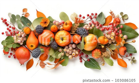Set of fruits and berries on white background, space for text, Generated AI 103086105