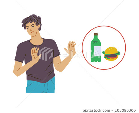 Man saying no and refusing unhealthy food, flat vector illustration isolated. Man saying no and refusing unhealthy food, flat vector illustration isolated. 103086300