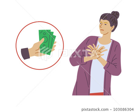 Woman refuses money or a bribe, lat vector illustration isolated on white. Woman refuses money or a bribe, lat vector illustration isolated on white. 103086304