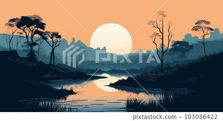 Landscape background with mountains and hills at sunset or sunrise, wallpaper, decor, print, Generated AI 103086422