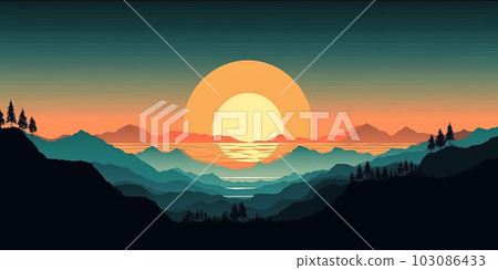 Landscape background with mountains and hills at sunset or sunrise, wallpaper, decor, print, Generated AI Landscape background with mountains and hills at sunset or sunrise, wallpaper, decor, print, Generated AI 103086433
