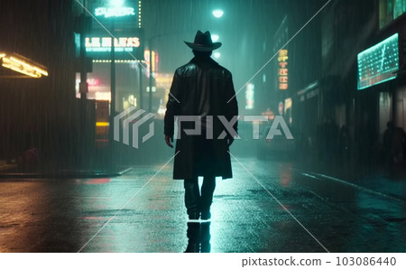 A cowboy walks down a night street in an Asian city, Generated AI A cowboy walks down a night street in an Asian city, Generated AI 103086440