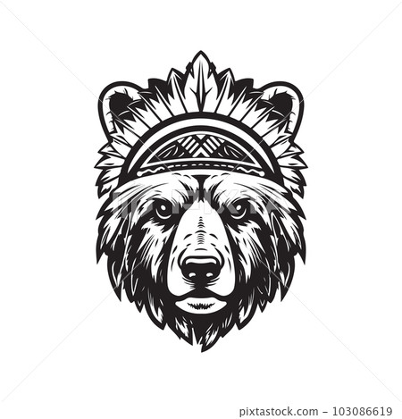 bear indian, logo concept black and white color, hand drawn illustration 103086619
